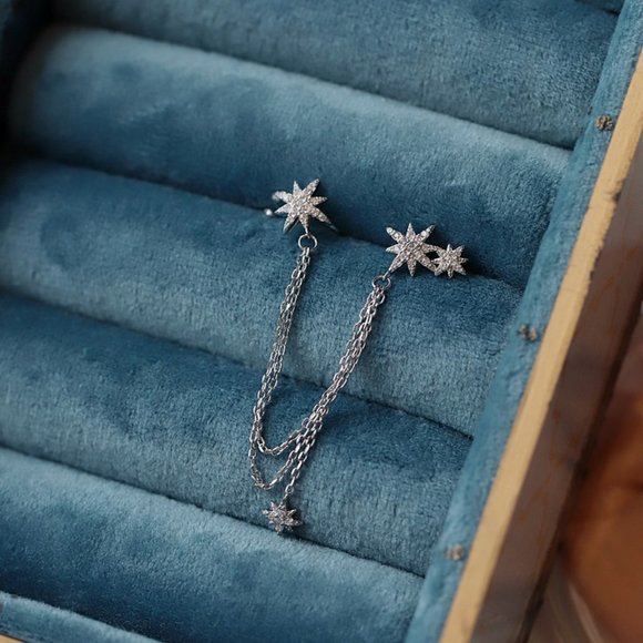 925 Sterling Silver Diamond Star Chain Earrings - Picture 4 of 8